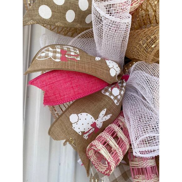 Welcome Bunnies Burlap Buffalo Check Easter Spring Deco Mesh & Ribbon Wreath - Picture 4 of 11
